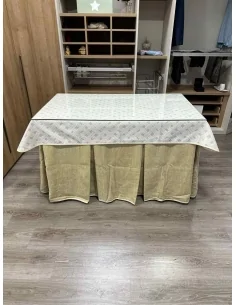 Ropa de Mesa de Camilla Doble Grueso 10 Pliegues Beige con Tapete Lazos 2