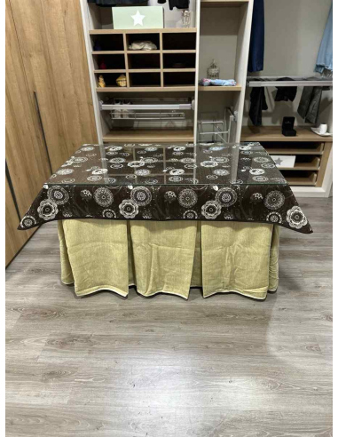 Ropa de Mesa de Camilla Doble Grueso 10 Pliegues Beige con Tapete Mandala