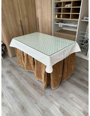 Ropa de Mesa de Camilla Doble Grueso 10 Pliegues Café con Tapete Crema