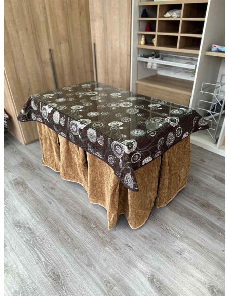 Ropa de Mesa Camilla Doble Grueso10 Pliegues Café con Tapete Mandala