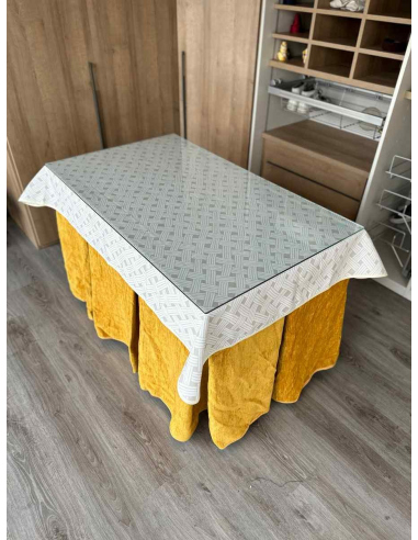 Ropa de Mesa de Camilla Doble Grueso 10 Pliegues Mostaza con Tapete Lazos