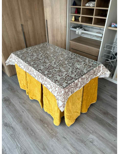 Ropa de Mesa de Camilla Doble Grueso 10 Pliegues Mostaza con Tapete Planta