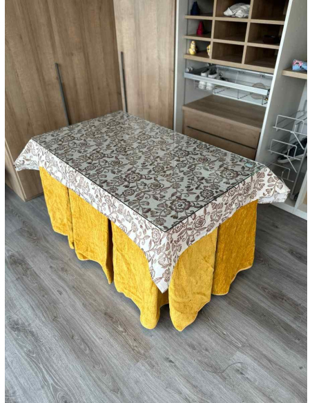 Ropa de Mesa de Camilla Doble Grueso 10 Pliegues Mostaza con Tapete Planta