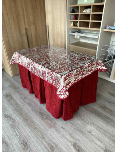 Ropa de Mesa de Camilla Doble Grueso 10 Pliegues Rojo con Tapete Mosaico