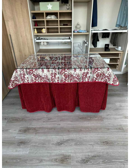 Ropa de Mesa de Camilla Doble Grueso 10 Pliegues Rojo con Tapete Mosaico