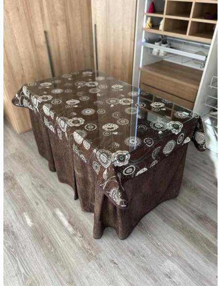 Ropa mesa camilla chenilla 8 pliegues color Chocolate con Tapete Mandala