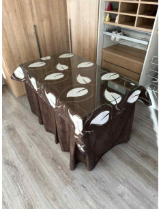 Ropa mesa camilla chenilla 8 pliegues color Chocolate con Tapete Hojas