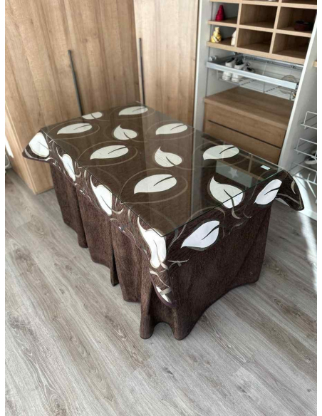 Ropa mesa camilla chenilla 8 pliegues color Chocolate con Tapete Hojas