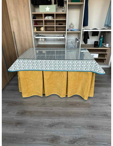 Falda Mesa Camilla Antimanchas Extragruesa Ultraeficiente Mostaza con Tapete Geo