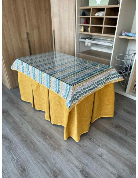 Falda Mesa Camilla Antimanchas Extragruesa Ultraeficiente Mostaza con Tapete ZigZag