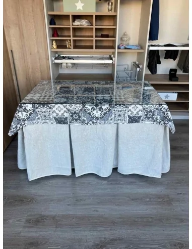Falda de Mesa Camilla Antimanchas Extragruesa Ultraeficiente Marfil con Tapete Mosaico