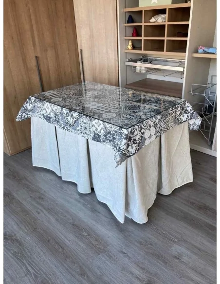 Falda de Mesa Camilla Antimanchas Extragruesa Ultraeficiente Marfil con Tapete Mosaico