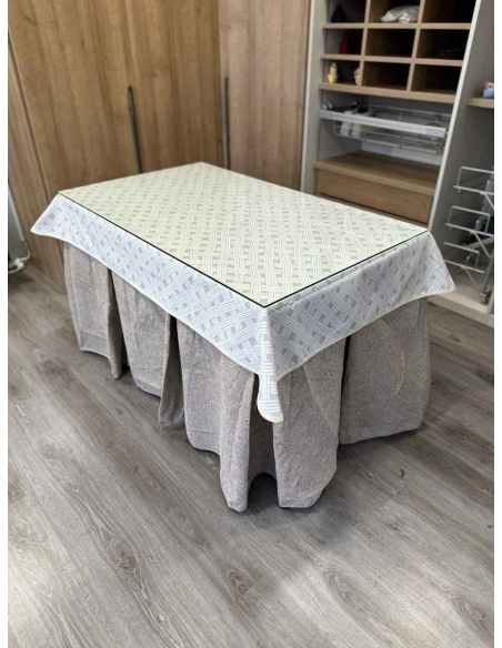 Falda Mesa Camilla Antimanchas Extragruesa Ultraeficiente Gris Claro con Tapete Lazos