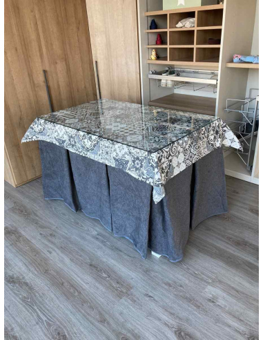 Falda Mesa Camilla Antimanchas Extragruesa Ultraeficiente Gris con Tapete Mosaico