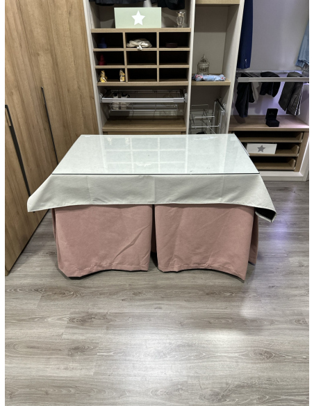 Ropa de Mesa Camilla Antimanchas Aterciopelada Triplegrueso color Rosa con Tapete Liso Marfil