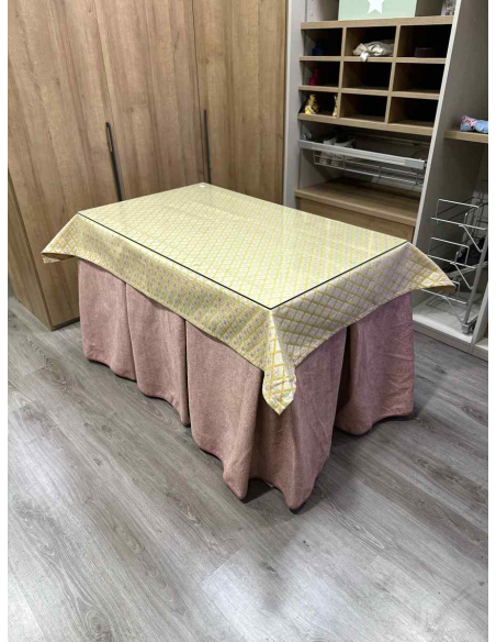 Falda de Mesa de Camilla Antimanchas Extragruesa Ultraeficiente Rosa con Tapete Libano Amarillo