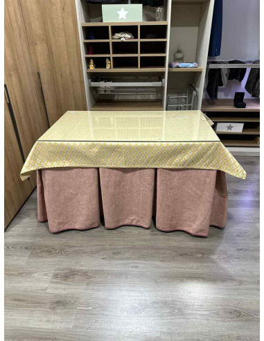 Falda de Mesa de Camilla Antimanchas Extragruesa Ultraeficiente Rosa con Tapete Libano Amarillo