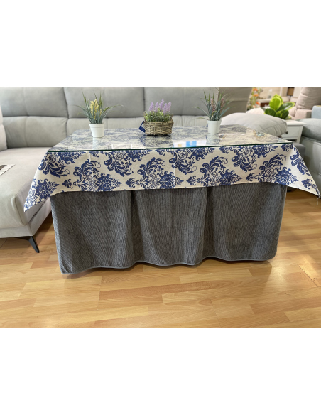 Conjunto Completo Chenilla Eco 8 Pliegues color Gris con tapete antimanchas luxe azul