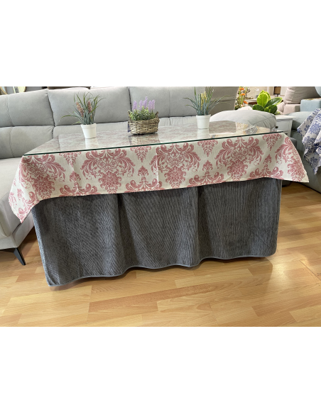 Conjunto Completo Chenilla Eco 8 Pliegues color Gris con tapete antimanchas luxe rosa