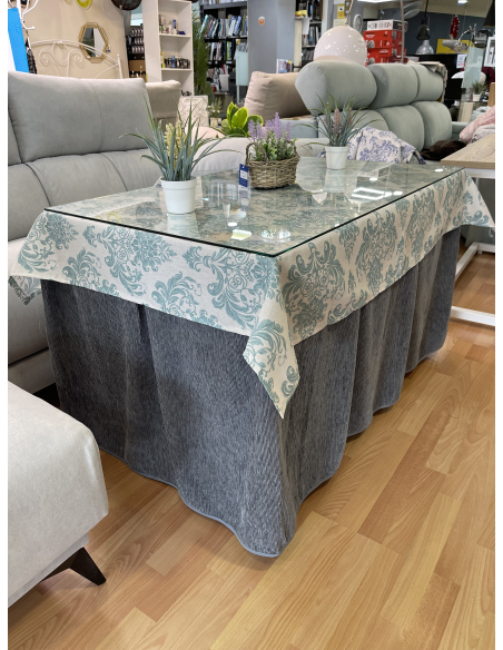 Conjunto Completo Chenilla Eco 8 Pliegues color Gris con tapete antimanchas luxe turquesa