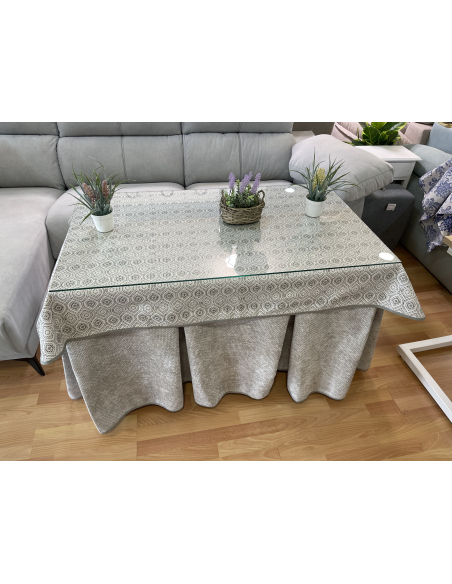 Ropa de Mesa Camilla Tejido Rústico Terciopelo Elegante Extragrueso color Gris Claro (incluye tapete)