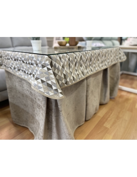 Ropa de Mesa Camilla Tejido Rústico Terciopelo Elegante Extragrueso color Beige Topo (incluye tapete)