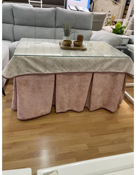 Ropa de Mesa Camilla Tejido Rústico Terciopelo Elegante Extragrueso color Rosa (incluye tapete)