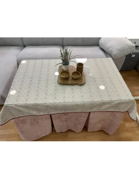 Ropa de Mesa Camilla Tejido Rústico Terciopelo Elegante Extragrueso color Rosa (incluye tapete)