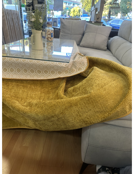 Ropa de Mesa Camilla Tejido Rústico Terciopelo Elegante Extragrueso color Mostaza (incluye tapete)