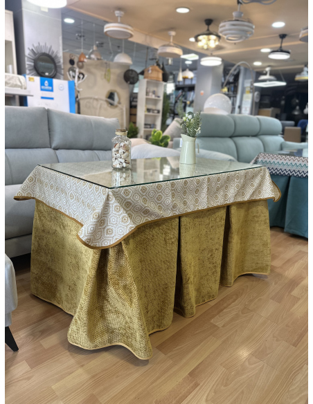 Ropa de Mesa Camilla Tejido Rústico Terciopelo Elegante Extragrueso color Mostaza (incluye tapete)