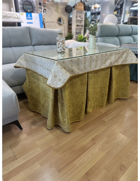 Ropa de Mesa Camilla Tejido Rústico Terciopelo Elegante Extragrueso color Mostaza (incluye tapete)