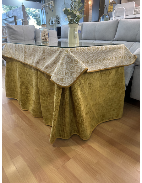 Ropa de Mesa Camilla Tejido Rústico Terciopelo Elegante Extragrueso color Mostaza (incluye tapete)