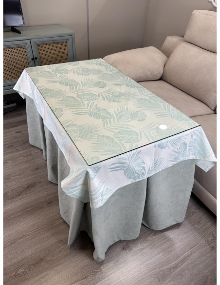 Ropa de Mesa Camilla Antimanchas Aterciopelada Triple Grueso Reforzada 10 pliegues Kumar Agua con Tapete Palmeras Verdes