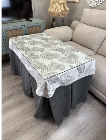 Ropa de Mesa Camilla Antimanchas Aterciopelada Triple Grueso Reforzada 10 pliegues profundos Gris con Tapete Palmeras Gris