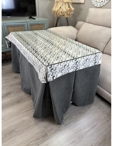 Ropa de Mesa Camilla Antimanchas Aterciopelada Triple Grueso Reforzada 10 pliegues profundos Gris con Tapete Deluxe Covap Prisma