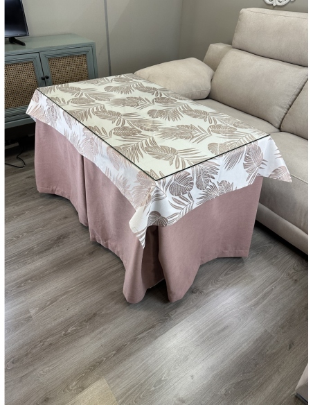 Ropa de Mesa de Camilla Antimanchas Aterciopelada Triple Grueso Nature Rosa con Tapete Deluxe Palmeras Rosa