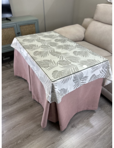 Ropa de Mesa de Camilla Antimanchas Aterciopelada Triple Grueso Nature Rosa con Tapete Deluxe Palmeras Beige