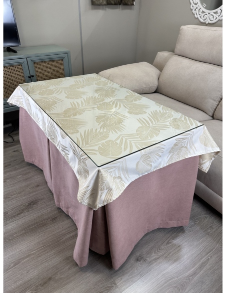 Ropa de Mesa de Camilla Antimanchas Aterciopelada Triple Grueso Nature Rosa con Tapete Deluxe Palmeras Gris