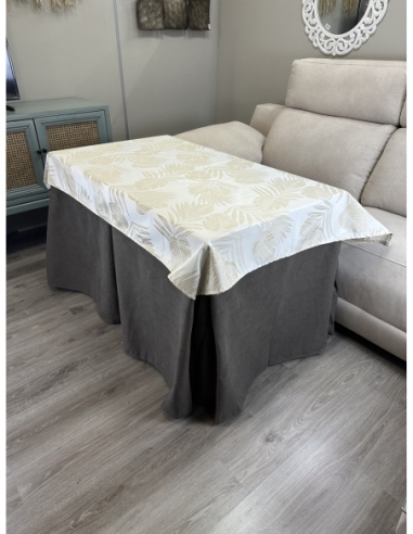 Ropa de Mesa de Camilla Antimanchas Aterciopelada Triple Grueso Nature Marrón con Tapete Deluxe Palmeras Beige