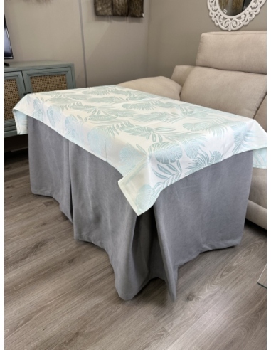 Ropa de Mesa de Camilla Antimanchas Aterciopelada Triple Grueso Nature Gris con Tapete Deluxe Palmeras Azul