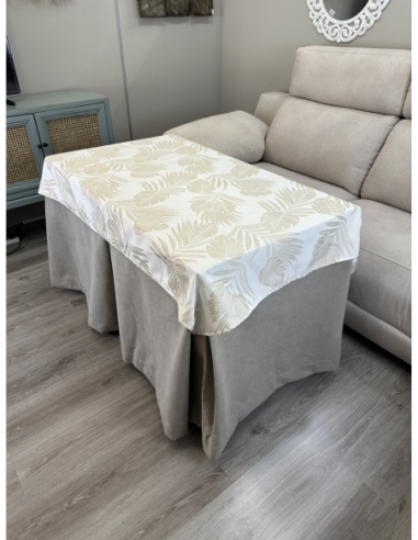 Ropa de Mesa de Camilla Antimanchas Aterciopelada Triple Grueso Nature Beige con Tapete Deluxe Palmeras Beige
