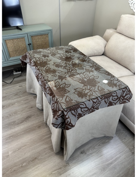 Ropa de Mesa de Camilla Antimanchas Aterciopelada Triple Grueso Nature Beige con Tapete Deluxe Flores Marrón