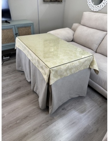 Ropa de Mesa de Camilla Antimanchas Aterciopelada Triple Grueso Nature Beige con Tapete Deluxe Círculos Beige