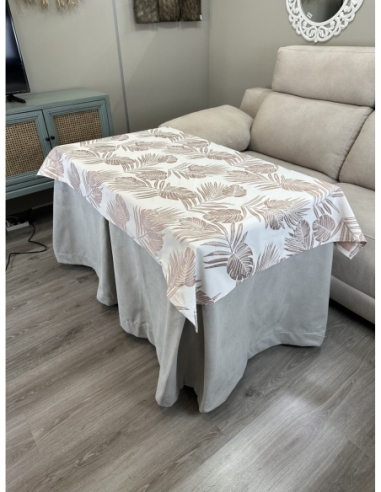 Ropa de Mesa de Camilla Antimanchas Aterciopelada Triple Grueso Gris Perla con Tapete Deluxe Palmeras Rosa