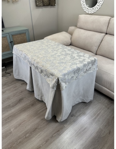 Ropa de Mesa de Camilla Antimanchas Aterciopelada Triple Grueso Gris Perla con Tapete Deluxe Círculos Gris