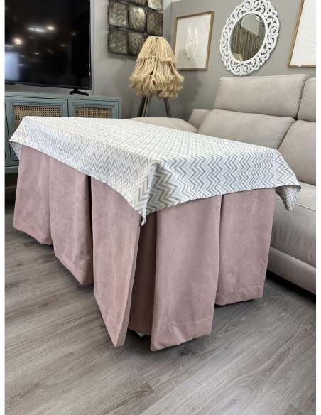 Ropa de Mesa Camilla Antimanchas Aterciopelada Triple Grueso Reforzada 10 pliegues Rosa con Tapete Palmeras Torino Beige