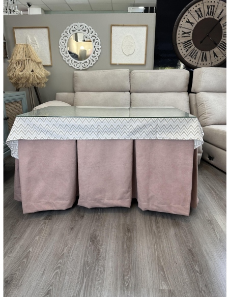 Ropa de Mesa Camilla Antimanchas Aterciopelada Triple Grueso Reforzada 10 pliegues Rosa con Tapete Palmeras Torino Beige