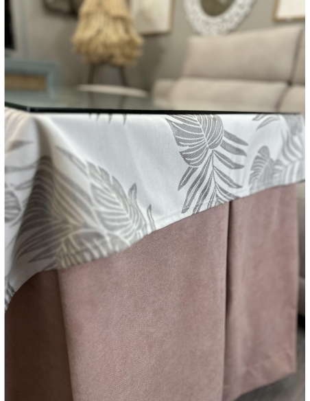 Ropa de Mesa Camilla Antimanchas Aterciopelada Triple Grueso Reforzada 10 pliegues Rosa con Tapete Palmeras Gris