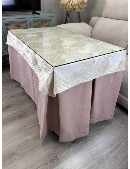 Ropa de Mesa Camilla Antimanchas Aterciopelada Triple Grueso Reforzada 10 pliegues Rosa con Tapete Palmeras Beige