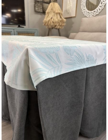 Ropa de Mesa Camilla Antimanchas Aterciopelada Triple Grueso Reforzada 10 pliegues Marrón con Tapete Palmeras Azul